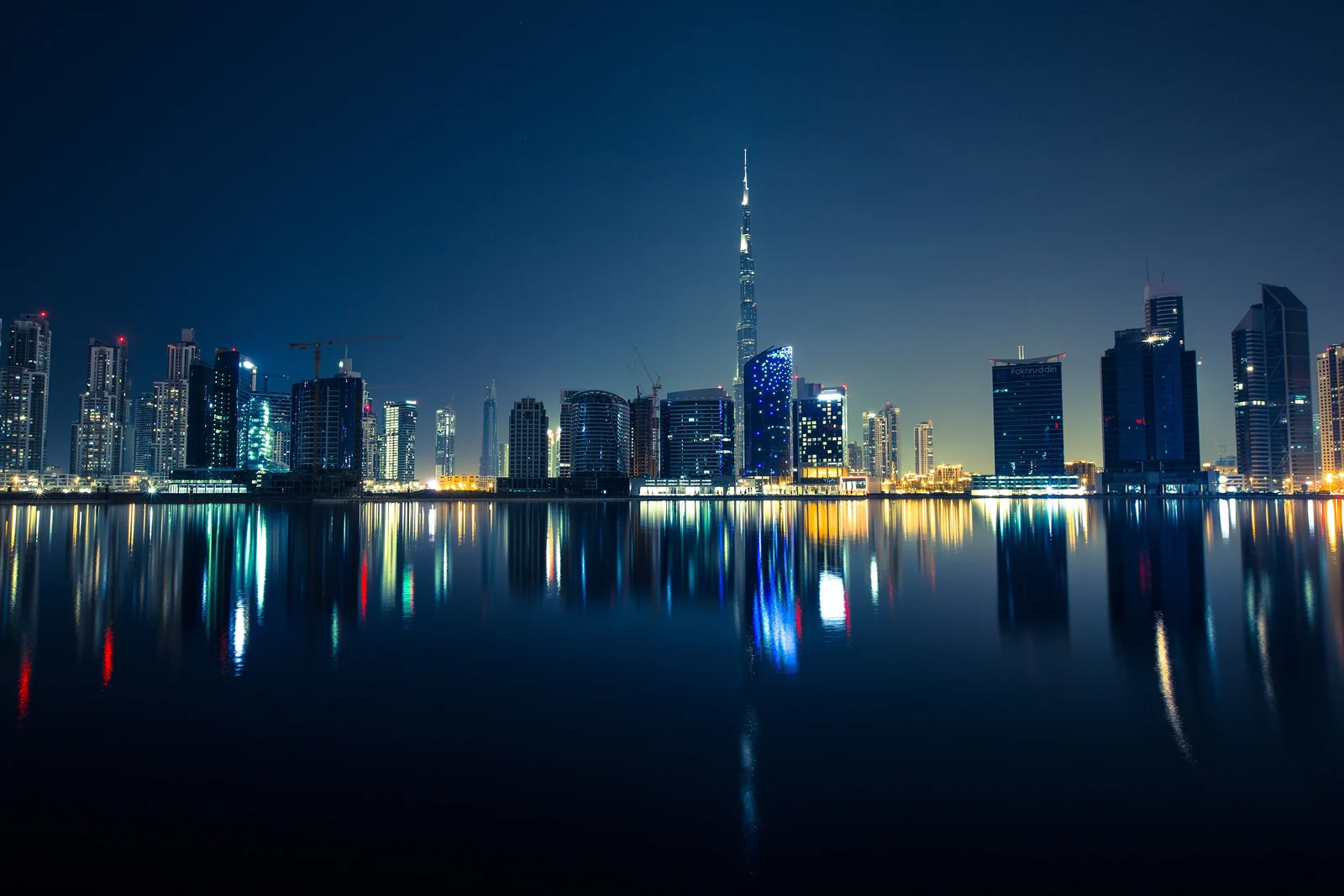 Dubai skyline and Burj Khalifa at blue hour